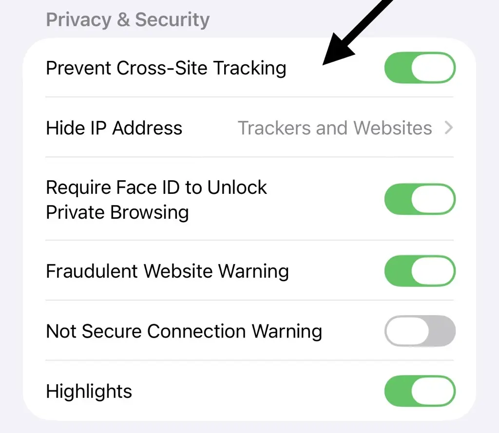 Safari Cross-Site Tracking setting