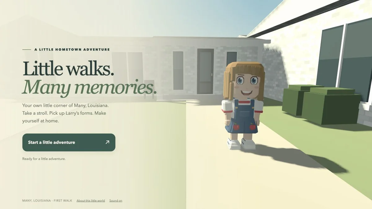 Little Walks: Many title screen, with the updated character and Start a little adventure button